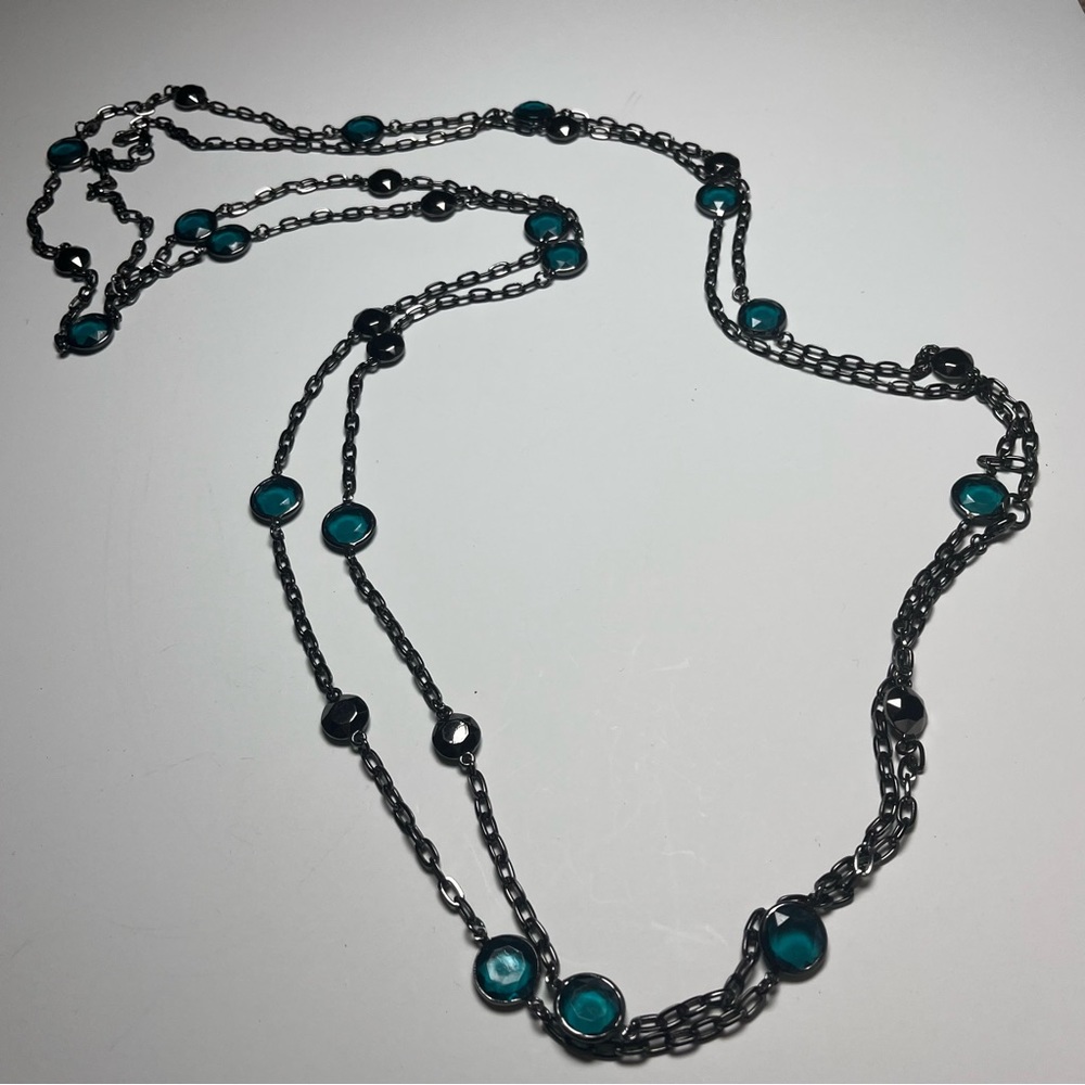 Longer-length double strand necklace in gun-metal silver & aqua/24”